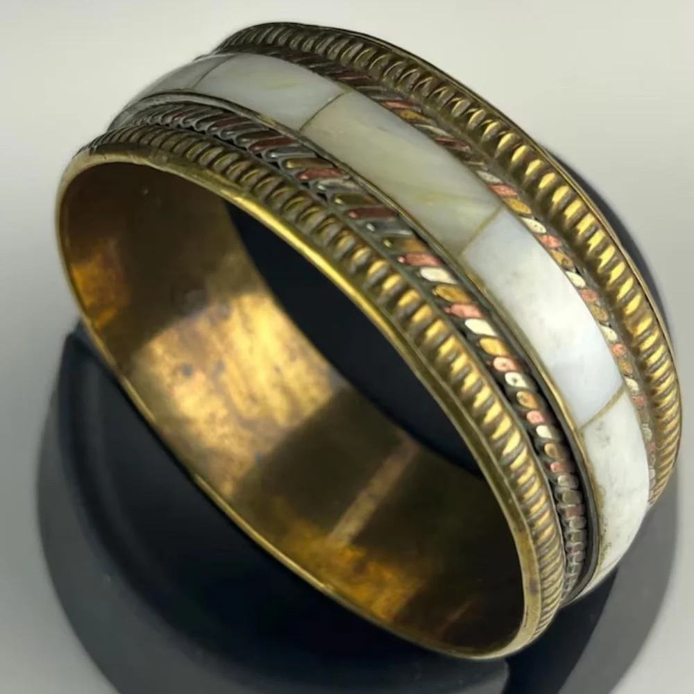 Vintage Brass Bangle | Bone Inlay, African Statement Jewelry - Picture 4 of 5